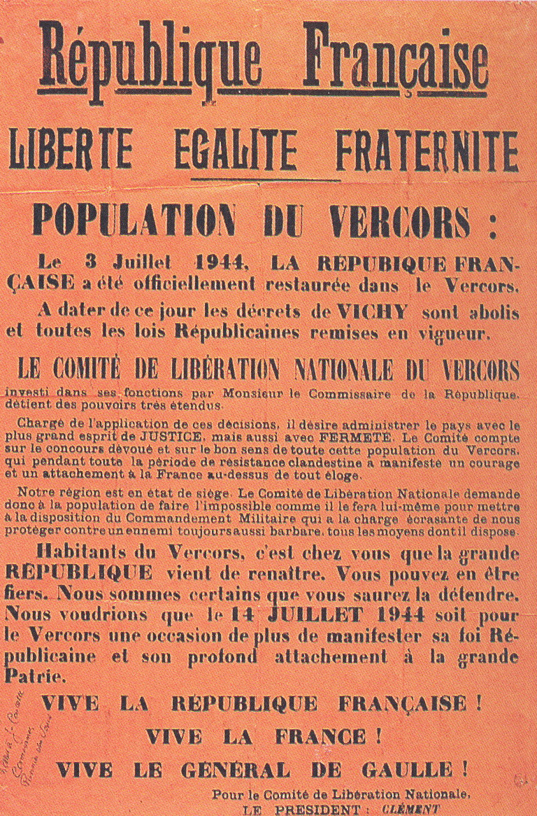 Affiche restauration de la République dans le Vercors